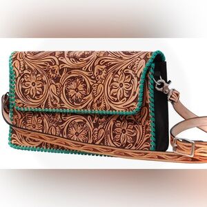 Rafter T Ranch Brown Floral Tooled with Turquoise Whipstitch Crossbody Bag